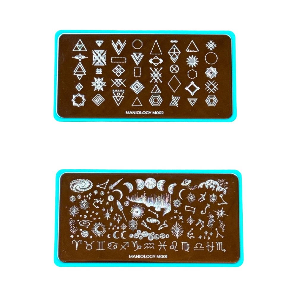 Maniology Nail Stamping Plates M001 M002 Celestial Zodiac Geometric Set of 2
